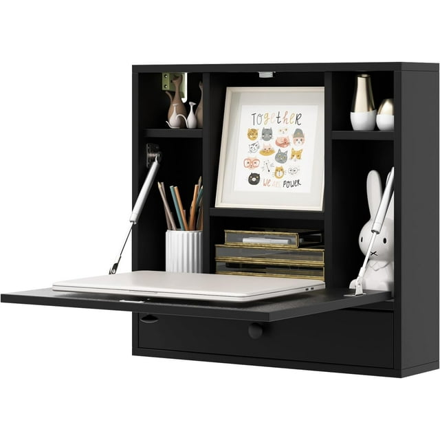 Folding Wall Desk Wood Wall Mounted Desk with Storage Drawer and