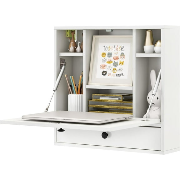 Folding Wall Desk, Wood Wall Mounted Desk with Storage Drawer and Shelves, Fold Down Wall Mount Laptop Desk, Corner Floating Desk for Small Spaces (White)