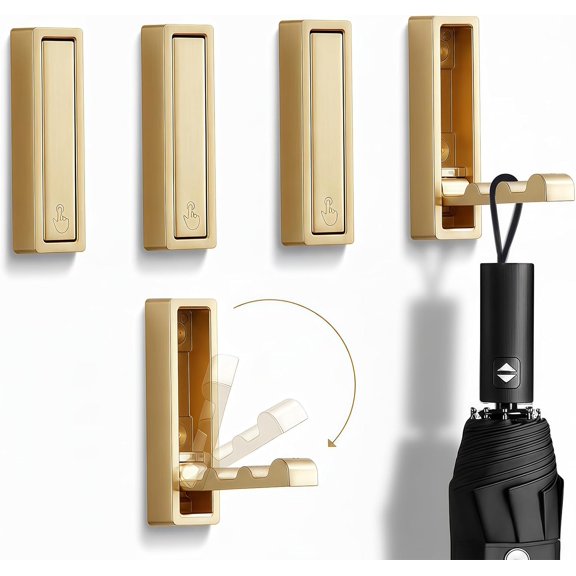 Folding Wall Hooks,4 Pack Rustproof Zinc Alloy Folding Coat Hooks,Heavy Duty Foldable Gold Wall Hooks for Hanging Clothes,Hat,Towel,Bathrobe,Key,Bag,Backpack (Gold)