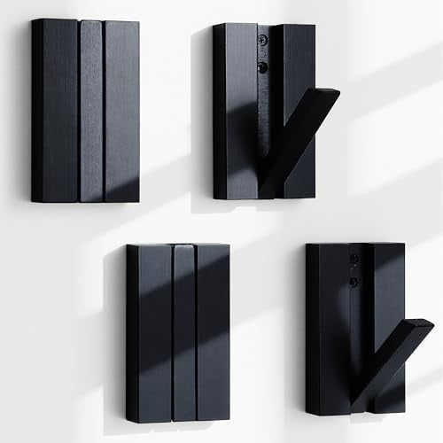Folding Wall Hooks 4Pack: Black Modern Wooden Coat Hooks Mount for Heavy Duty Hanging Towels Backpack Bags Hats, Space Saving Minimalist Decorative Entryway Hanger for Aesthetic Homeowner