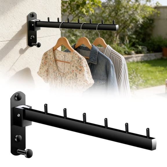 Folding Wall Mounted Clothes Hanger Rack, 304 Stainless Steel Swing Arm Drying Rack Rod, Space Saving Laundry Valet Hook for Bathroom, Balcony & Closet, Black