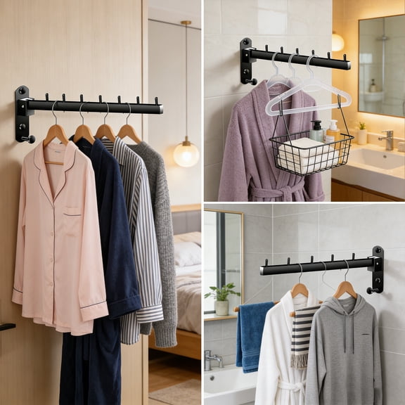 Folding Wall Mounted Clothes Hanger Rack, Stainless Steel Swing Arm Drying Rod, Laundry Room Space Saver