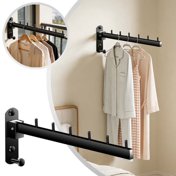 Folding Wall Mounted Clothes Hanger Rack with Swing Arm,Stainless Steel 304 Folding Clothes Hanger Drying Rack Rod, for Laundry Room Valet Hook (Black)