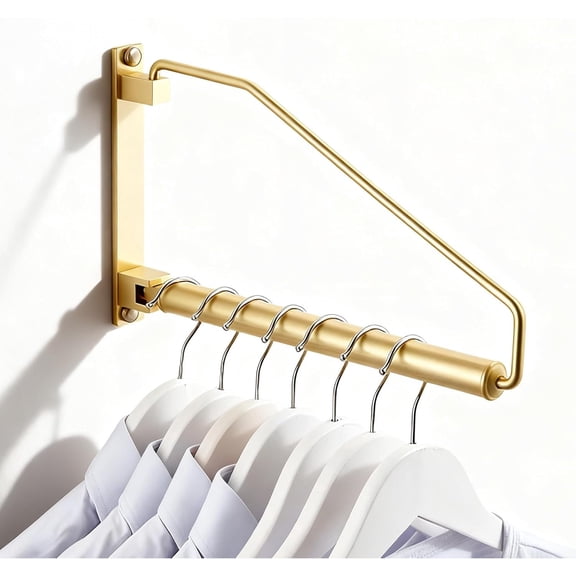 Folding Wall Mounted Clothes Hanger Rack with Swing Arm, Brushed Gold Laundry Drying Rack, Space Saving Closet Clothes Organizer
