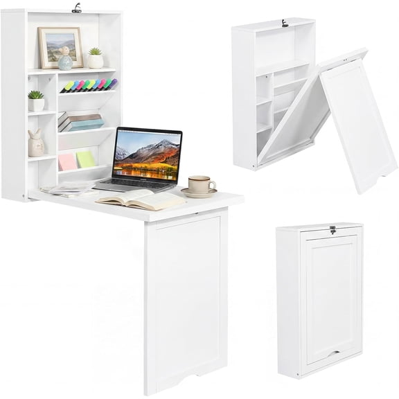 Folding Wall Mounted Desk, Convertible Fold Out Floating Table with Storage Shelves, Space-Saving Drop Leaf Table, Murphy Desk for Craft, Study, Small Spaces, Home Office, Dorm, White