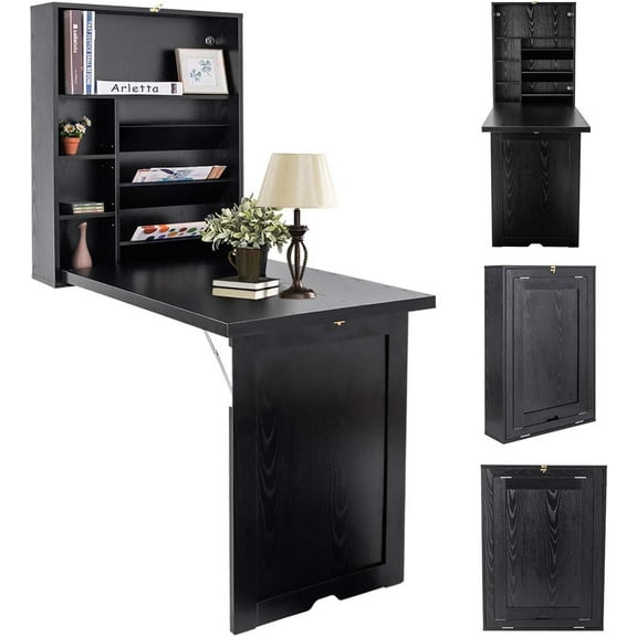 Folding Wall Mounted Desk, Fold Down Table with Storage Shelves, Wood Convertible Floating Table for Small Spaces, Murphy Desk Wall Mount for Home Office (Black)