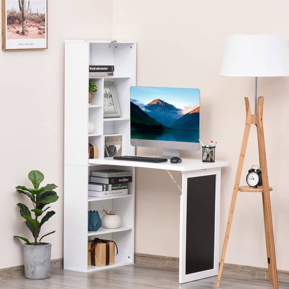 Folding Wall Mounted Desk with Storage, Expandable Hidden Computer Desk for Home Office or Small Spaces (White)