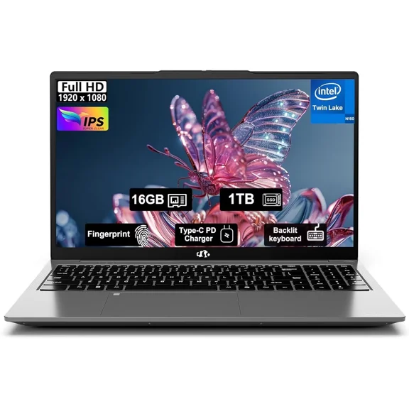 15.6" Student-Laptop, 13th Gen Intel N150,16GB RAM 1TB SSD(Beat to i3-1115G4, Up to 3.6GHz), Backlit Keyboard Fingerprint FHD Computer Wi-Fi 6 BT5.2 65W Type-C