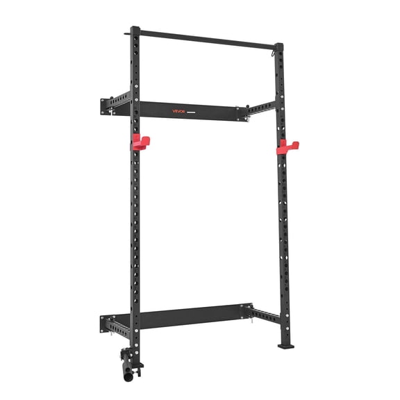 Folding Wall Mounted Power Cage Squat Rack 1000LBS Capacity Multifunctional Strength Training Equipment with Landmine Holder Adjustable J Hooks and Pull Up Bar for Home Gym