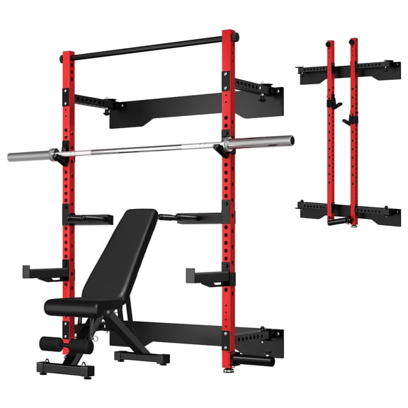 Folding Wall Mounted Squat Rack,1000 lbs Capacity Power Rack for Home Gym,Space-Saving Foldable Squat Rack with Pull-Up Bar & Landmine,Heavy-Duty 2.36" x 2.36" Steel Frame Power Cage