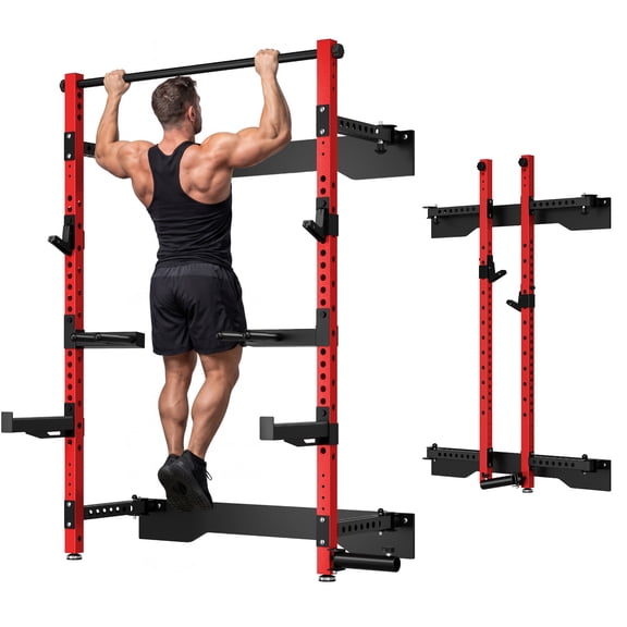 Folding Wall Mounted Squat Rack,1000 lbs Capacity Power Rack for Home Gym,Space-Saving Foldable Squat Rack with Pull-Up Bar & Landmine,Heavy-Duty 2.36" x 2.36" Steel Frame Power Cage