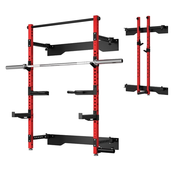 Folding Wall Mounted Squat Rack,1000 lbs Capacity Power Rack for Home Gym,Space-Saving Foldable Squat Rack with Pull-Up Bar & Landmine,Heavy-Duty 2.36" x 2.36" Steel Frame Power Cage