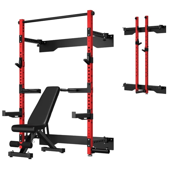 Folding Wall Mounted Squat Rack,1100 lbs Capacity Power Rack for Home Gym,Space-Saving Foldable Squat Rack with Pull-Up Bar & Landmine,Heavy-Duty 2.36" x 2.36" Steel Frame Power Cage