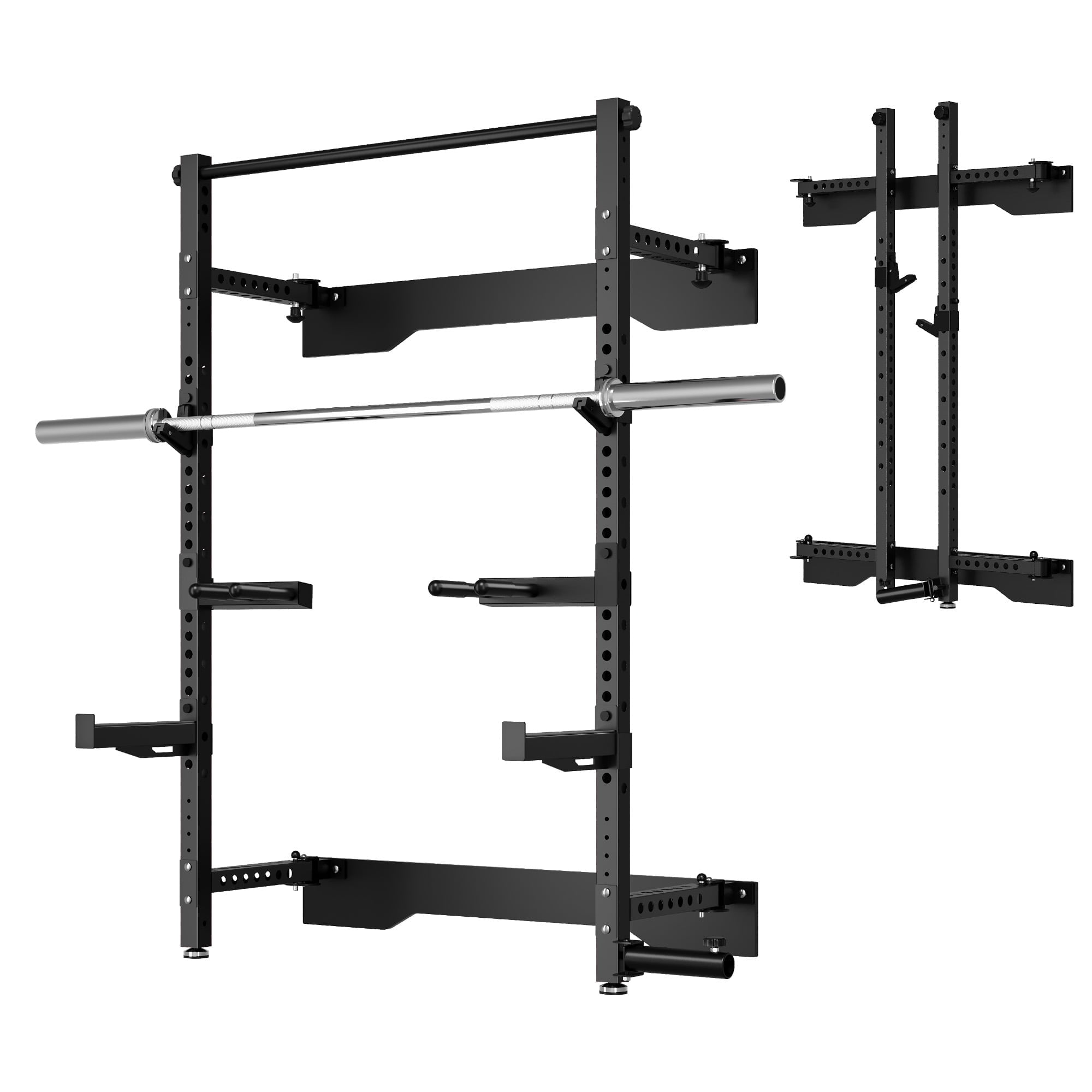 Folding Wall Mounted Squat Rack,1000 lbs Capacity Power Rack for Home Gym,Space-Saving Foldable Squat Rack with Pull-Up Bar & Landmine,Heavy-Duty 2.36" x 2.36" Steel Frame Power Cage