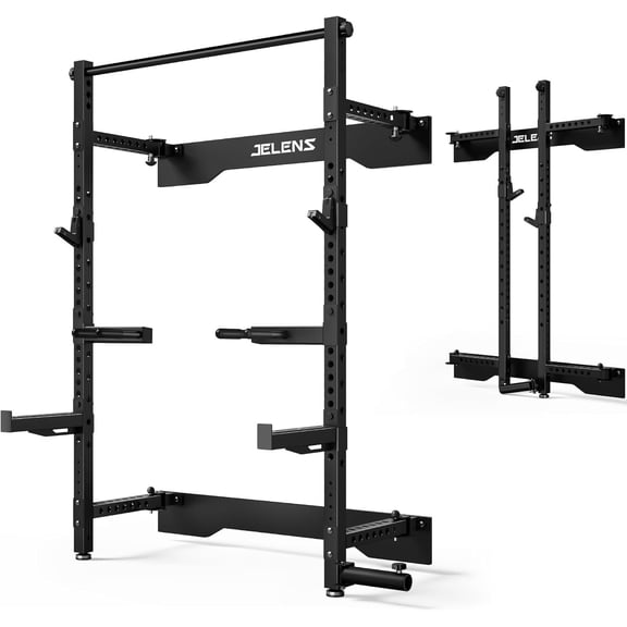 Folding Wall Mounted Squat Rack,1000 lbs Capacity Power Rack for Home Gym,Space-Saving Foldable Squat Rack with Pull-Up Bar & Landmine,Heavy-Duty 2.36" x 2.36" Steel Frame Power Cage
