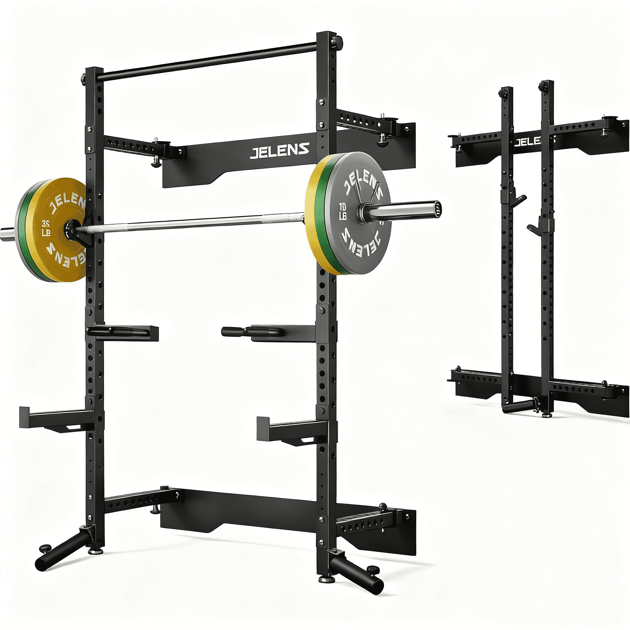 Folding Wall Mounted Squat Rack,1000 lbs Capacity Power Rack for Home Gym,Space-Saving Foldable Squat Rack with Pull-Up Bar & Landmine,Heavy-Duty 2.36" x 2.36" Steel Frame Power Cage