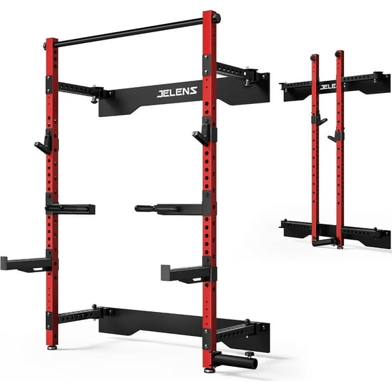 Folding Wall Mounted Squat Rack,1000 lbs Capacity Power Rack for Home Gym,Space-Saving Foldable Squat Rack with Pull-Up Bar & Landmine,Heavy-Duty 2.36" x 2.36" Steel Frame Power Cage