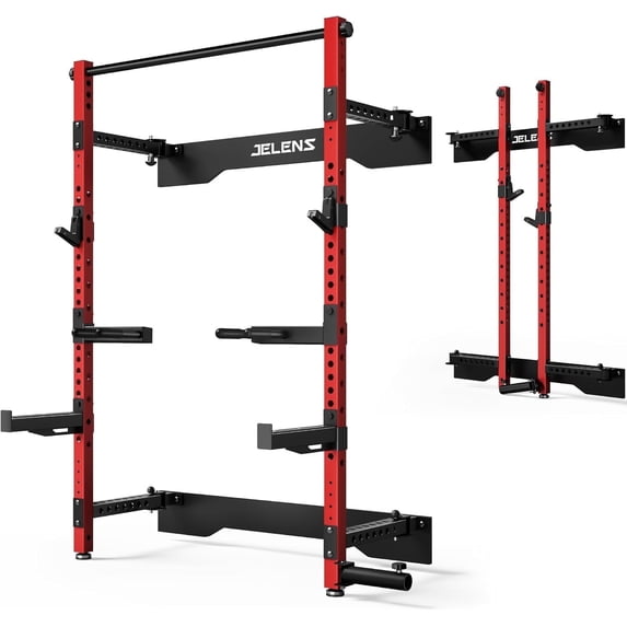 Folding Wall Mounted Squat Rack,1000 lbs Capacity Power Rack for Home Gym,Space-Saving Foldable Squat Rack with Pull-Up Bar & Landmine,Heavy-Duty 2.36" x 2.36" Steel Frame Power Cage