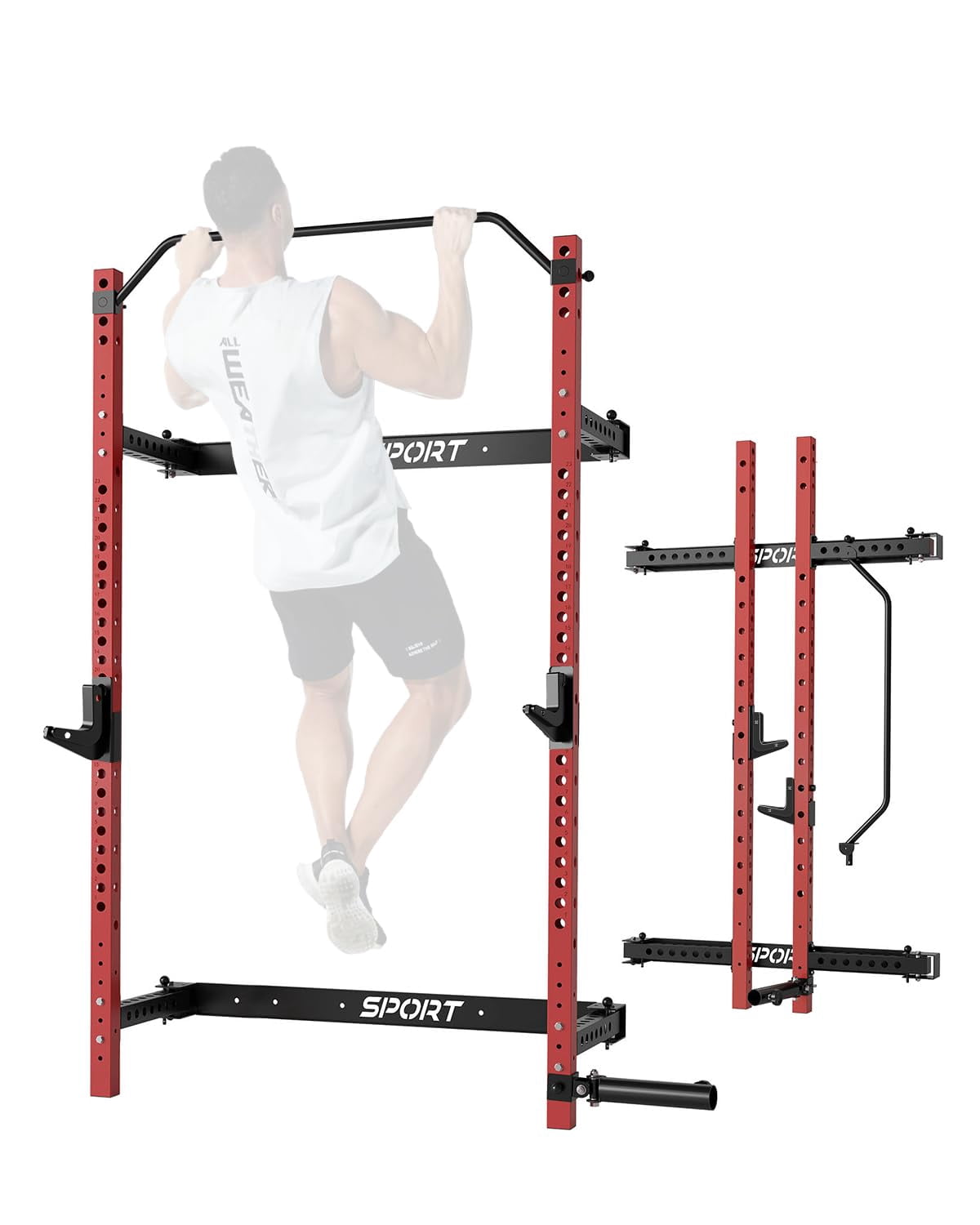 Folding Wall Mounted Squat Rack – 2.36" x 2.36" Power Rack for Home Gym, 1000 LBS Heavy-Duty with Pull-Up Bar, J-Hooks & Landmine Attachment – Space-Saving Strength Training Station