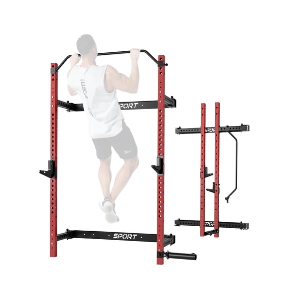 Folding Wall Mounted Squat Rack 2.36" x 2.36" Power Rack for Home Gym, 1000 LBS Heavy-Duty with Pull-Up Bar, J-Hooks & Landmine Attachment Space-Saving Strength Training Station