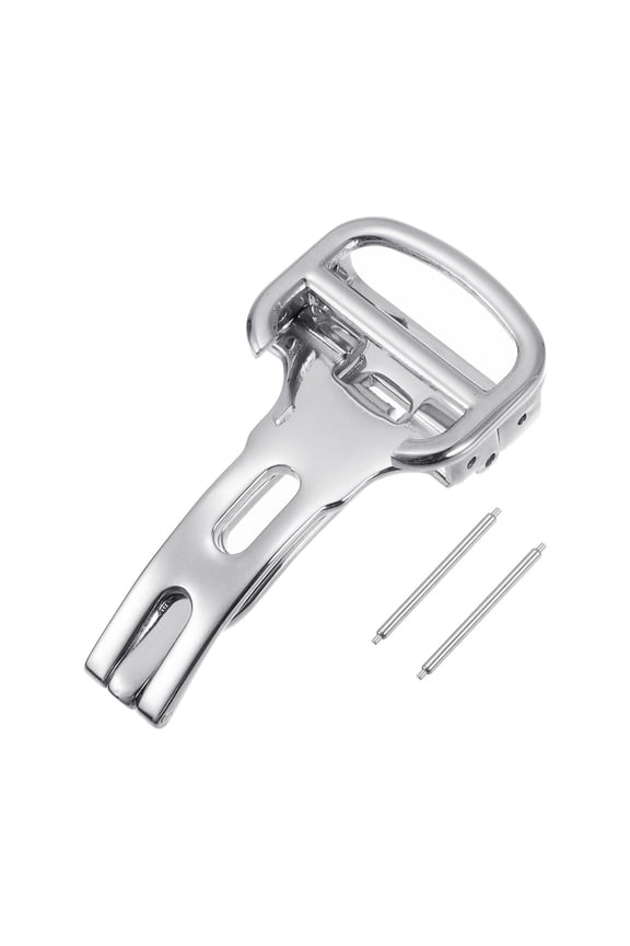 Folding Watch Clasp Push Button for 18mm Leather Watchband Strap with Link Pins, Silver Tone