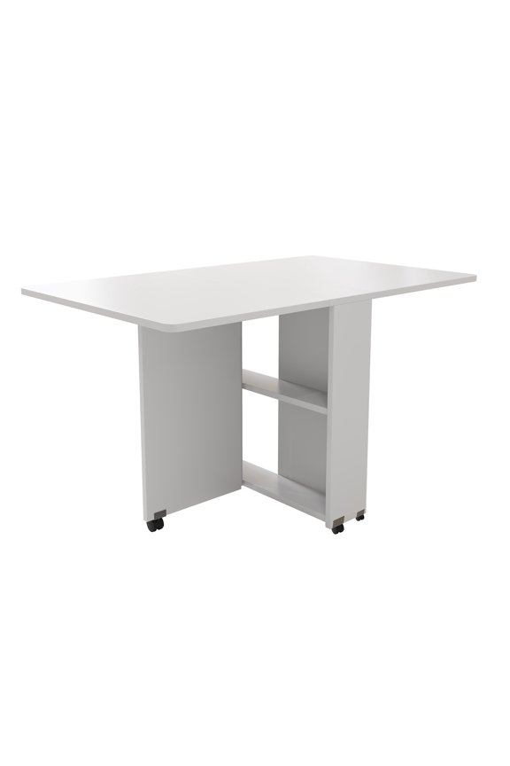Folding Wheeled Drop Leaf Table with Storage, Space Saving Dining Table, White