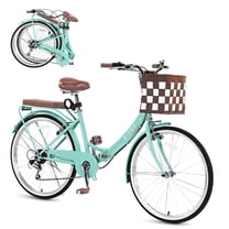 Folding Women Bicycle 24 Inch, 7 Speed Beach Cruiser Bike for Women, High Carbon Steel Frame Ladies Bicycle with Basket& Rear Rack, Commute Bike for Women Adults, Multiple Colors