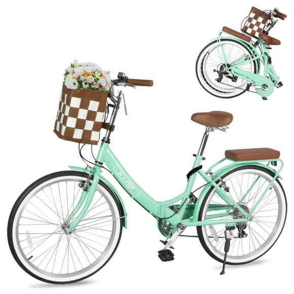Folding Women Bicycle 26 Inch, 7 Speed Beach Cruiser Bike for Women, High Carbon Steel Frame Ladies Bicycle with Basket& Rear Rack, Commute Bike for Women Adults, Multiple Colors