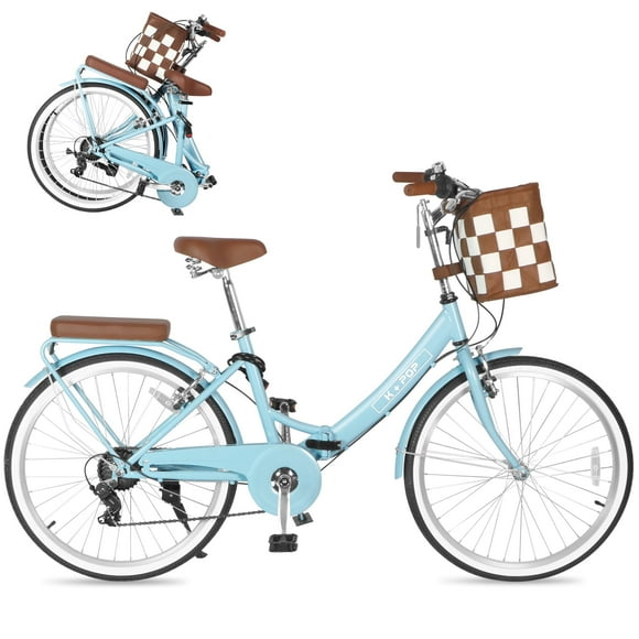 Folding Women Bicycle 26 Inch, 7 Speed Beach Cruiser Bike for Women, High Carbon Steel Frame Ladies Bicycle with Basket& Rear Rack, Commute Bike for Women Adults, Multiple Colors