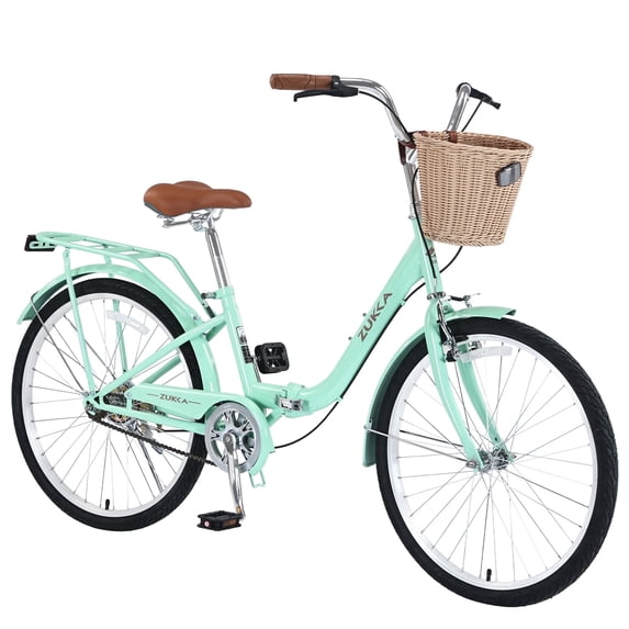 Folding Women's Cruiser Bicycle:24 Inch Single Speed Folding Lady Bike, Retro Style Women Beach Bike with Ergonomic Upright Frame, Easy Install