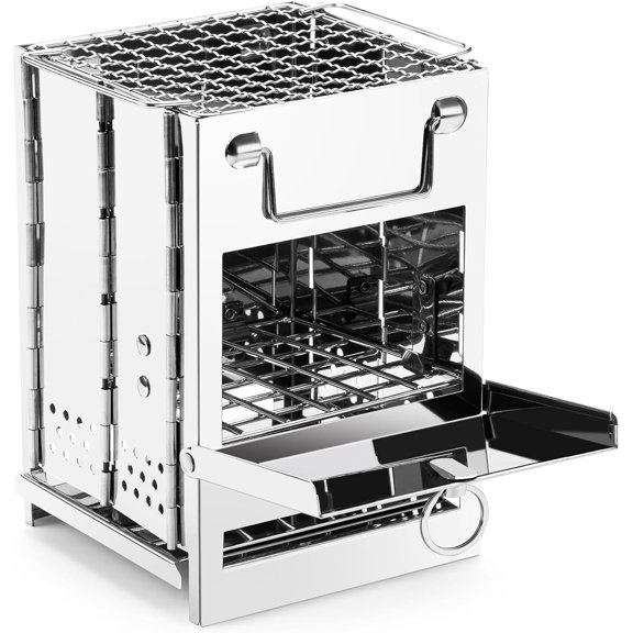 Folding Wood Burning Camp Stove, Portable Stainless Steel Wood Burning Camp Stove with Grill for Outdoor Cooking Backpacking BBQ Picnic - 5.5"L x 5.5"W x 8.27"H