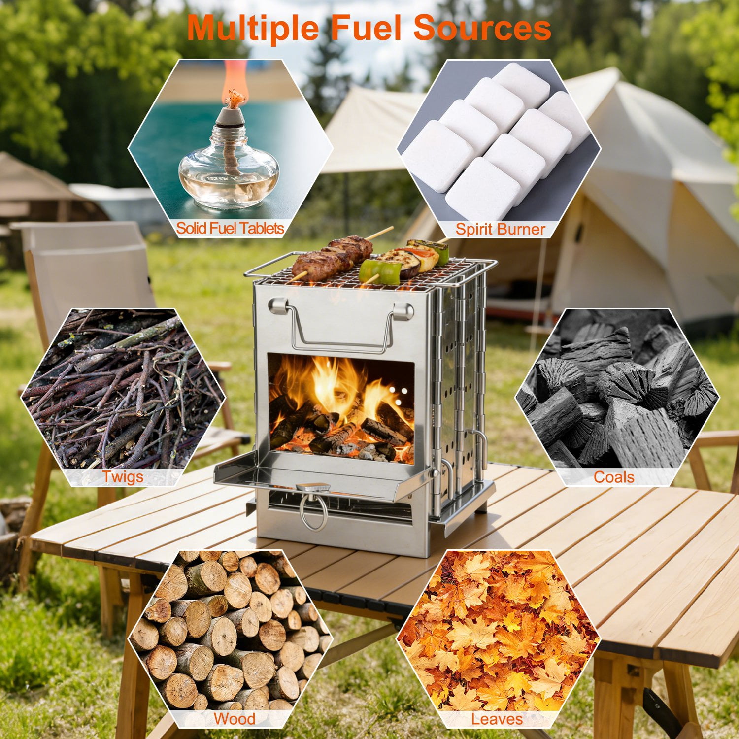 Folding Wood Burning Camp Stove, TeqHome Small Portable Stainless Steel Backpacking Stove Outdoor Cooking Tents Heating Hiking Survival, Mini BBQ Stove with Carry Bag