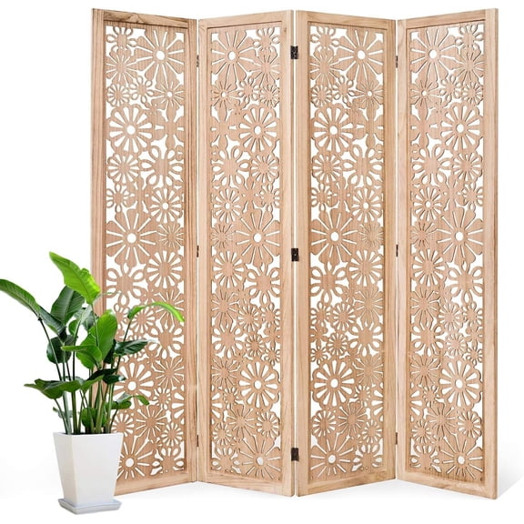 Folding Wood Room Divider Panel, 67 Inch Tall Daisy-Carved Privacy Screen No Assembly Required, 4-Pane Decorative Flower Carved Partition for Home or Office