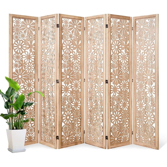 Folding Wood Room Divider Panel, 67 Inch Tall Daisy-Carved Privacy Screen No Assembly Required, Decorative Flower Carved Partition for Home or Office