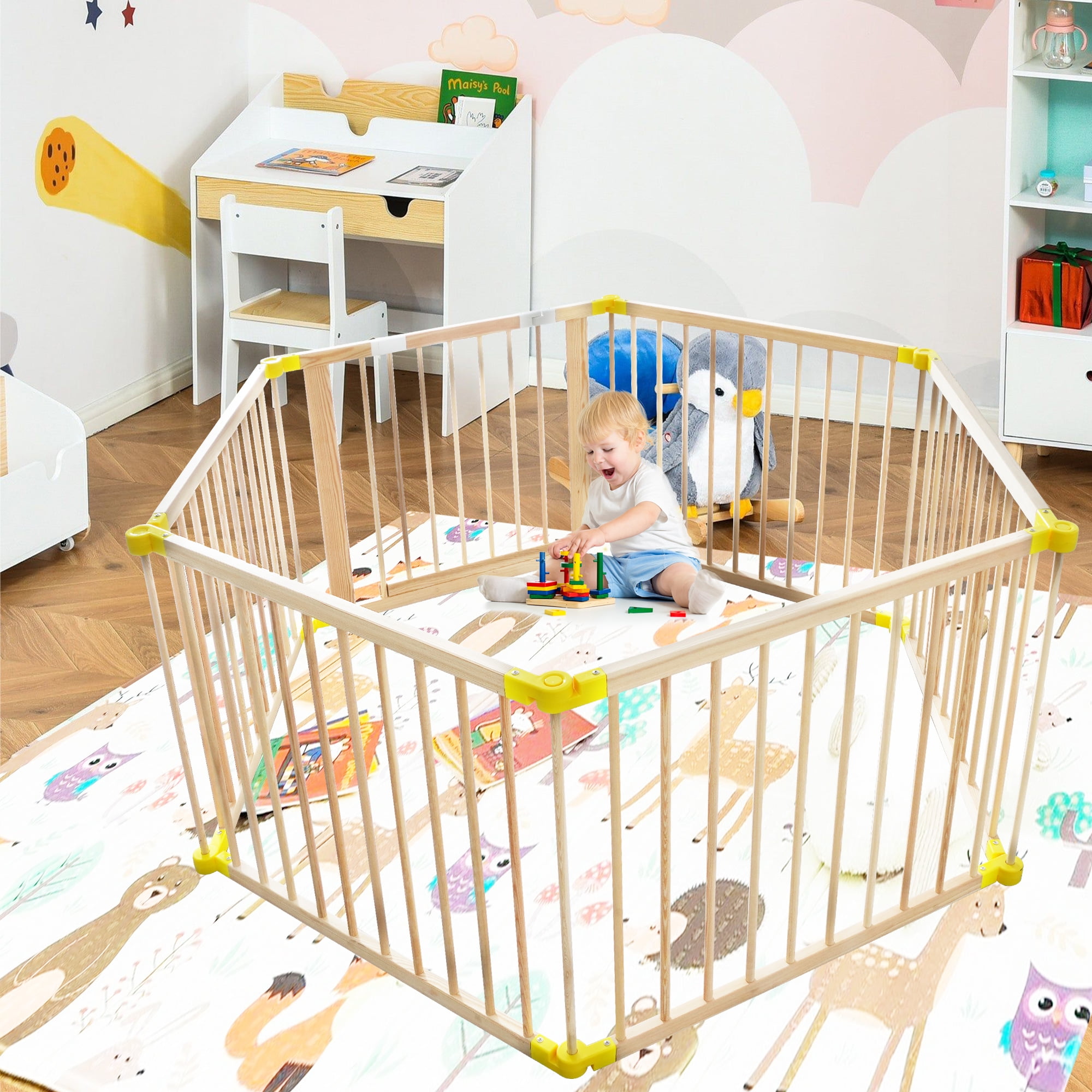 Folding Wooden Baby Playpen with Gate, Safe Material Toddler Play Yards, Portable Baby Fence