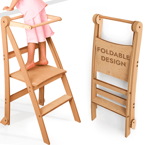Goodevas Folding Wooden Kitchen Standing Step Stool Compact Learning for Toddlers