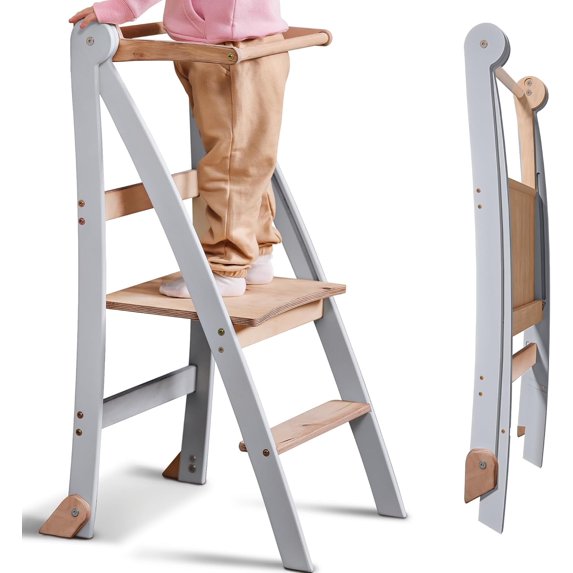 Folding Wooden Kitchen Helper Tower for Toddlers – Safe & Compact Learning Step Stool, Ages 18 Months+
