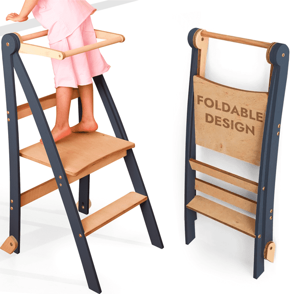 Folding Wooden Kitchen Standing Stool for Toddlers – Safe & Compact Learning Step Stool, Ages 18 Months+