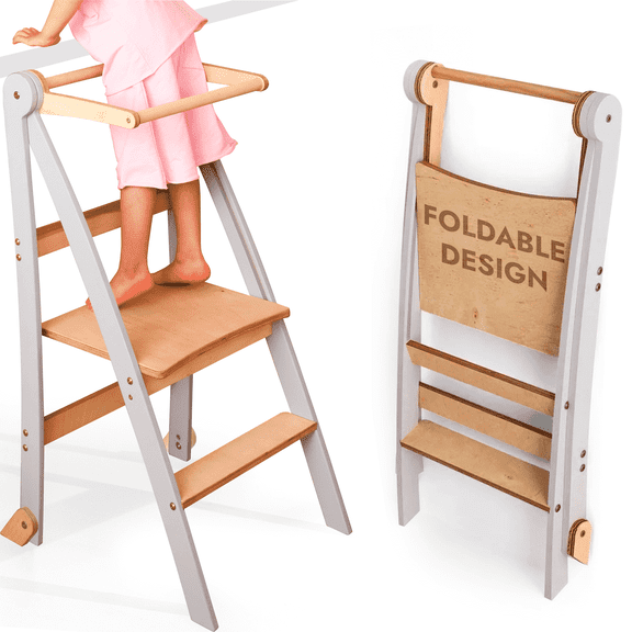 Folding Wooden Kitchen Standing Stool for Toddlers – Safe & Compact Learning Step Stool, Ages 18 Months+