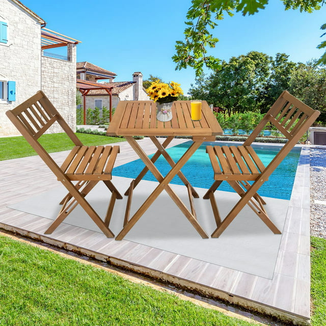 Folding Wooden Patio Bistro Set 3 Piece, Acacia Wood Outdoor Bistro Set Table and Chairs Set Wooden Furniture with 2 Chairs and Square Table for Pool Beach Backyard Balcony Porch Deck Garden