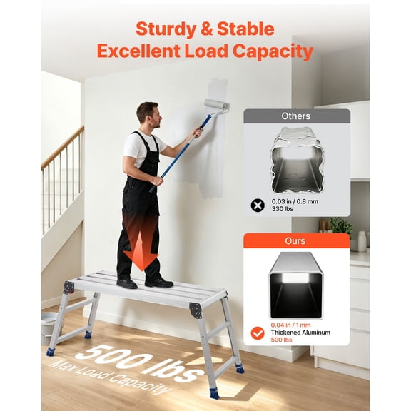 Folding Work Platform, Adjustable Height 23-34.5 in, 40 x 18 in Aluminum Step Stool, 500 lbs Load Capacity, Heavy Duty Non-Slip Platform Ladder, Portable Work Bench for Painting, Maintenance