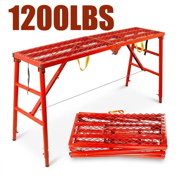 Folding Work Scaffold, 69in15in 5-Level Adjustable Height Red Steel Scaffolding Platform, 1200lbs Anti-Slip Mesh Heavy Duty Portable Step Ladders for Construction Wall Painting