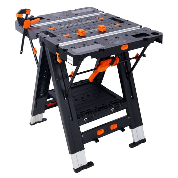 Folding Work Table 2-in-1, Sawhorse Workbench with Clamps, 500lbs Capacity, Adjustable Height, Portable Folding Table for Garage, DIY Projects