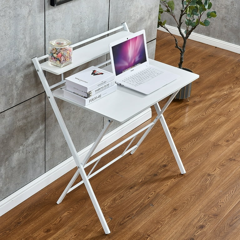 Small White Desk Folding Computer Desk for Small Area Work Table Writing Desk with Shelves Gaming Desk Small Table for Computer