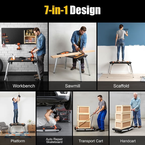 Folding Workbench, 7-in-1 Multifunctional Portable Table 551LBS Capacity, Adjustable Height, Works as Sawhorse, Scaffold, Dolly, Hand Truck, Platform, Car Creeper with 4 Wheels for Garage