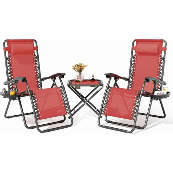Folding Zero Gravity Chairs Set of 2, Outdoor Reclining Camping Chairs, Patio Lounge Recliners with Side Table & Cup Holder Tray, Maroon