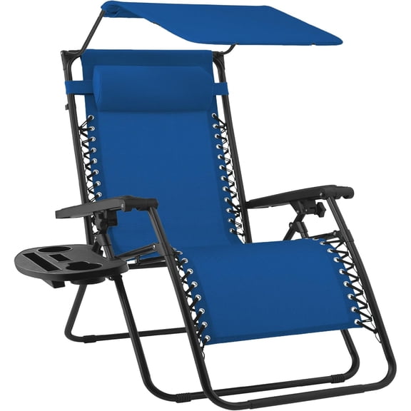 Folding Zero Gravity Outdoor Recliner Patio Lounge Chair w/Adjustable Canopy Shade, Headrest, Side Accessory Tray, Textilene Mesh - Ice Gray