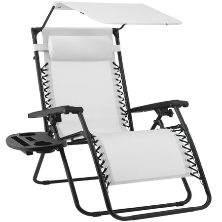 Best Choice Products Folding Zero Gravity Recliner Patio Lounge Chair w/ Canopy Shade, Headrest, Tray - Snow/Black