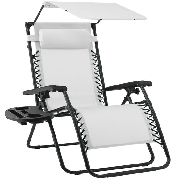 Folding Zero Gravity Recliner Patio Lounge Chair w/ Canopy, Side Tray, White/Black