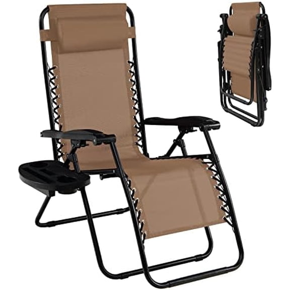 Folding Zero Gravity Reclining Textilene Lounge Chairs, Outdoor Adjustable Patio w/Pillows & Cup Holder Trays for Backyard, Beach, Poolside (BE)$$Garden & Patio